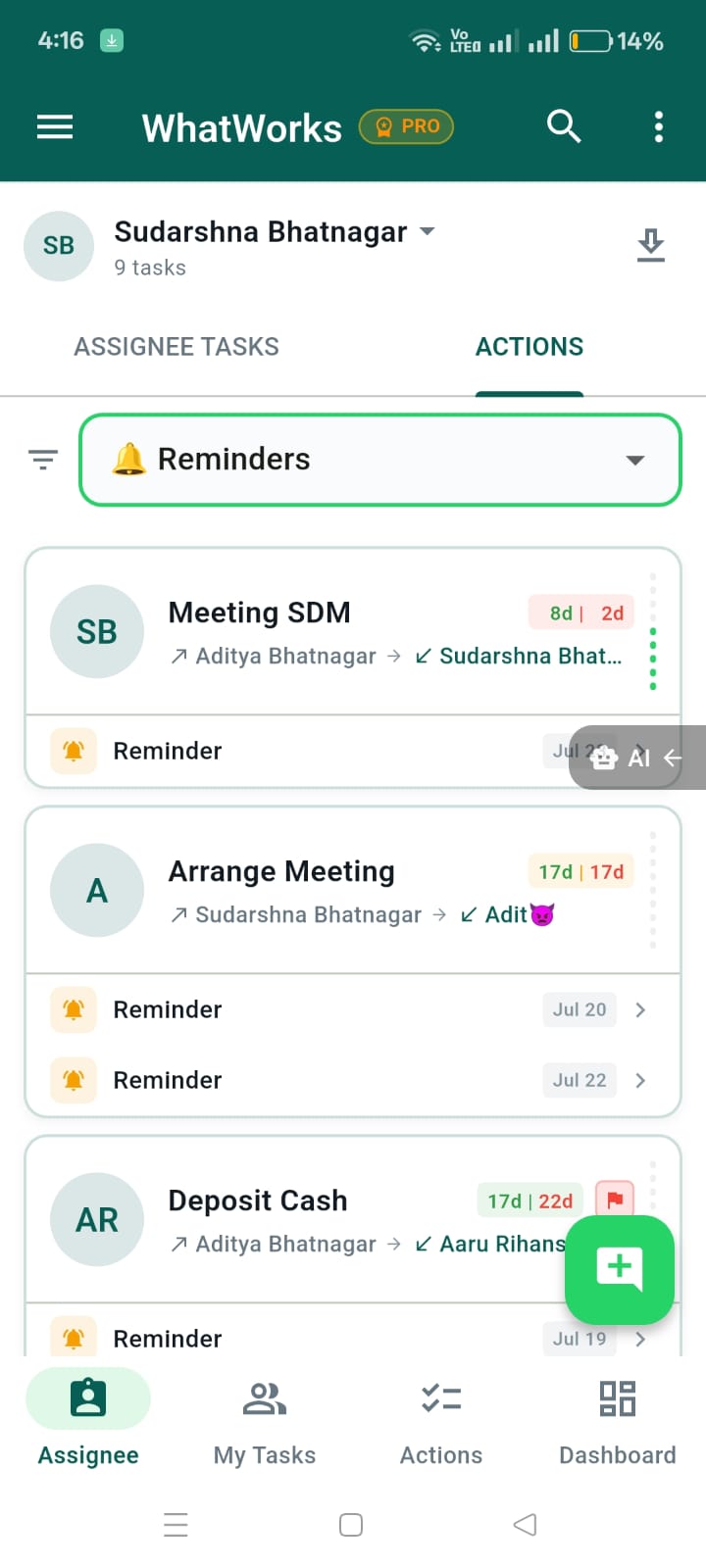 Actions list filtered to Follow Up - Pending