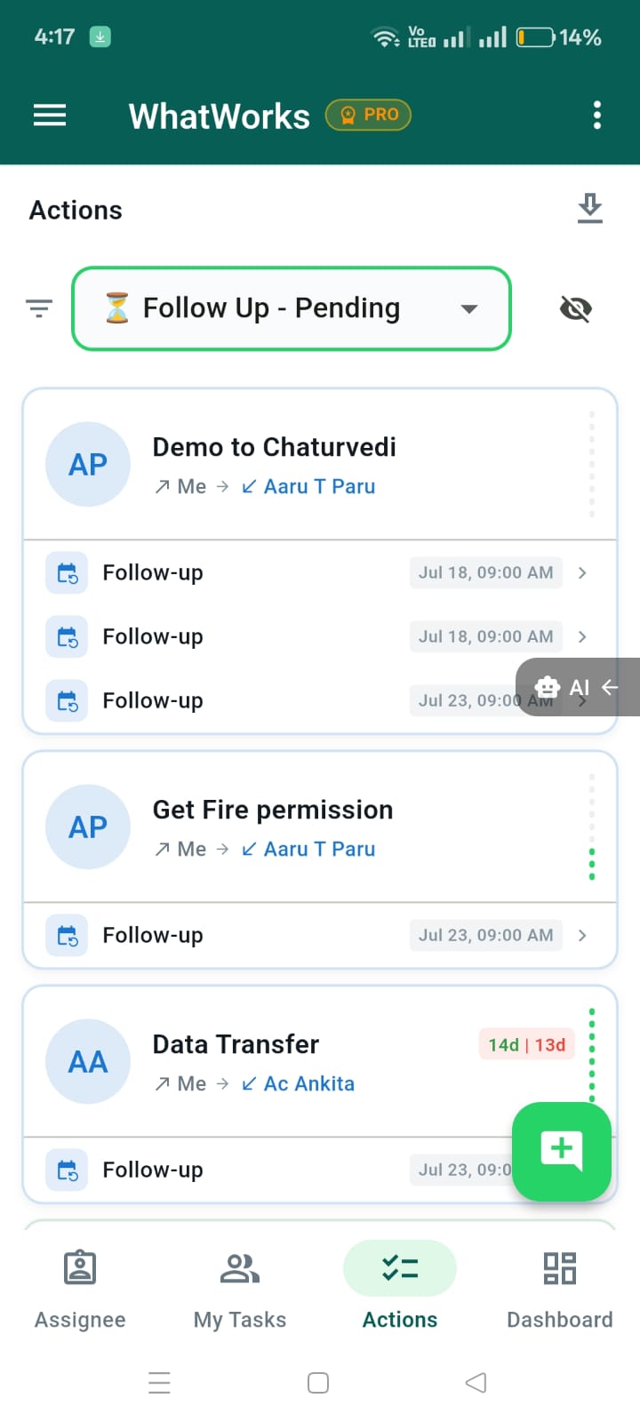 Assignee Actions with Reminders filter