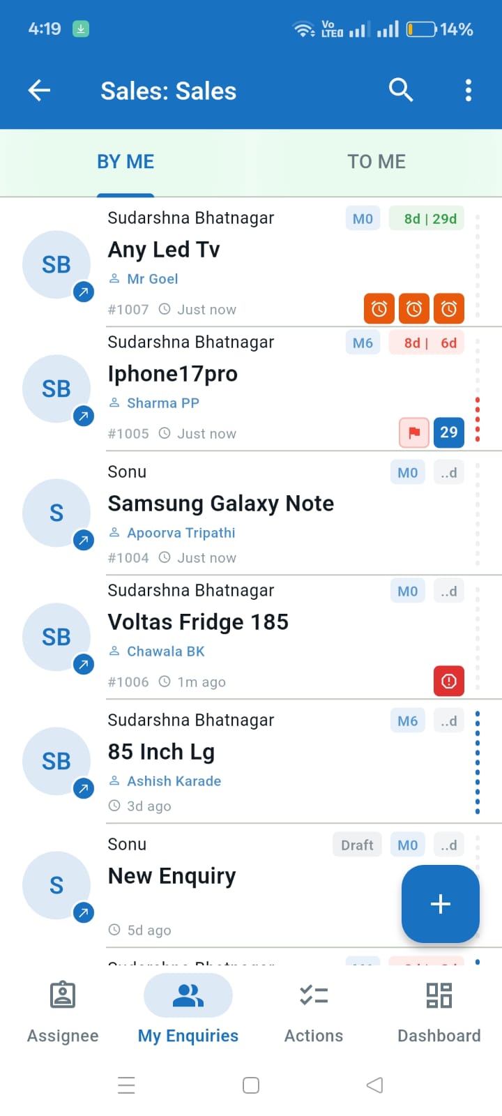 Sales enquiries list with BY ME / TO ME tabs