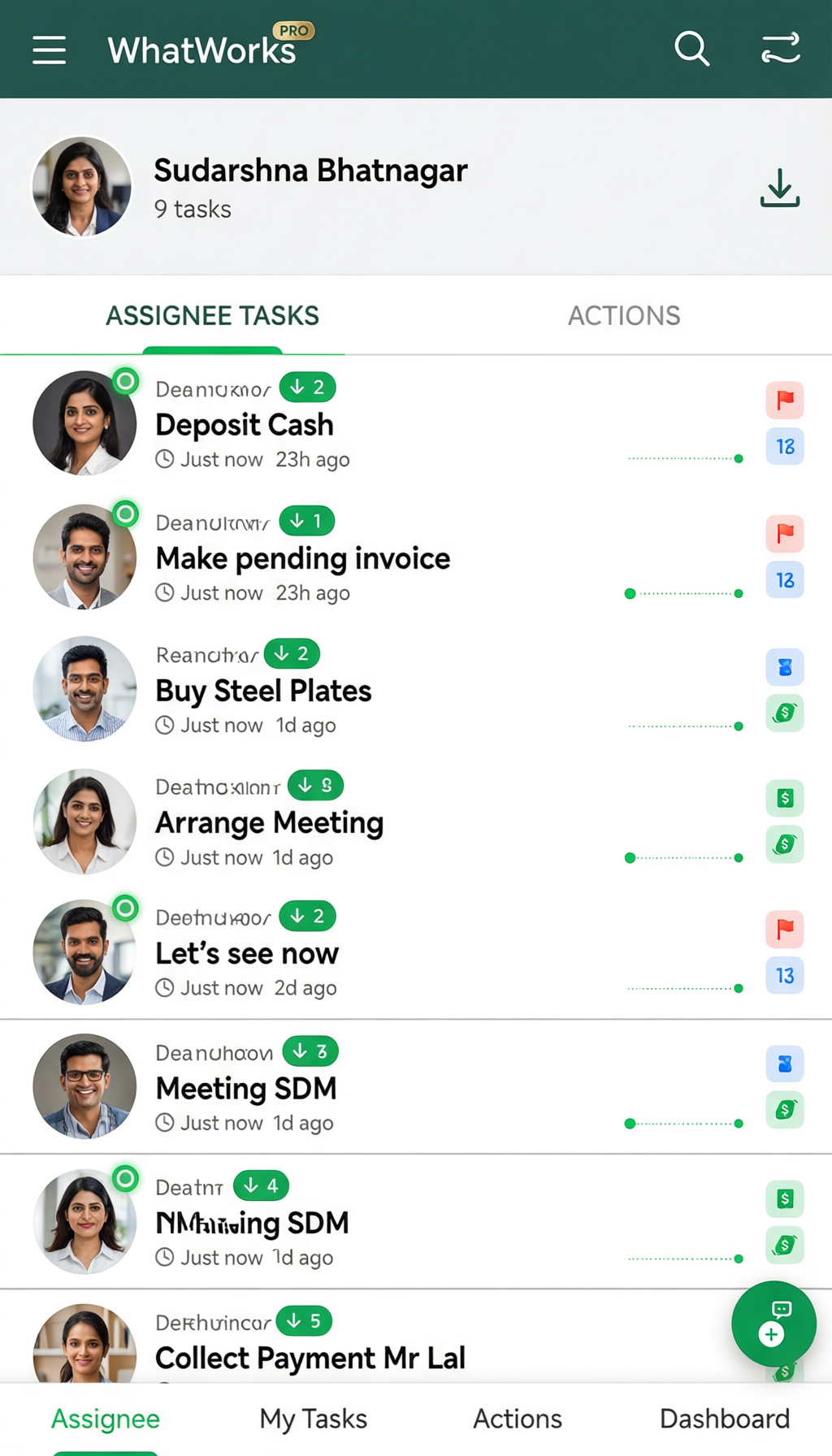 WhatWorks task list with team avatars, statuses and actions